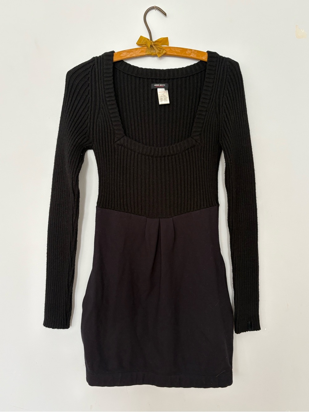 Miss Sixty Black Long-Sleeve Ribbed Knit Bodice Dress